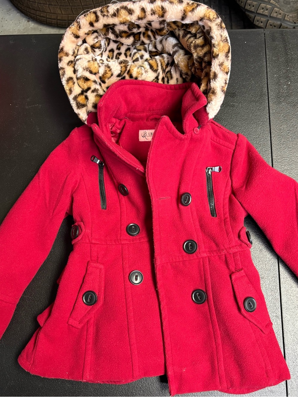Urban Republic Girls' Red Pea Coat with Leopard Hood Lining